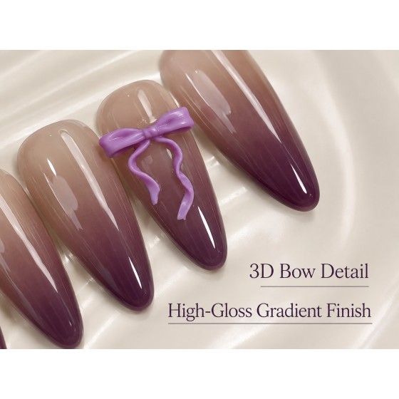 Nude Plum‑Purple Gradient 3D Bow Press‑On Nails, Long Coffin Elegant False Nails